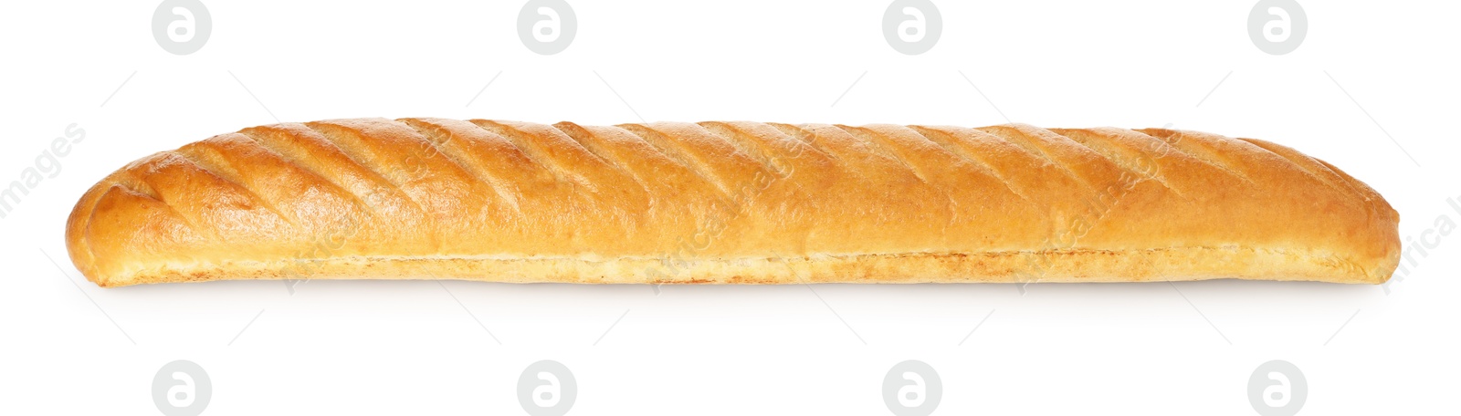 Photo of One freshly baked baguette isolated on white