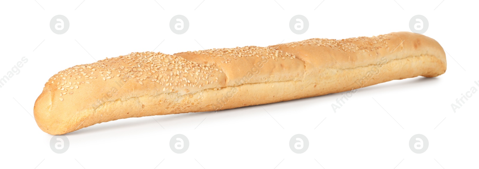 Photo of One fresh baguette with sesame isolated on white