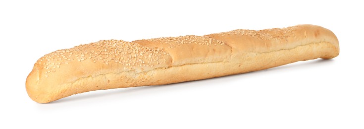 Photo of One fresh baguette with sesame isolated on white