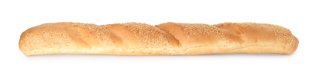 Photo of One fresh baguette with sesame isolated on white