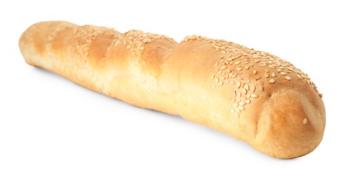 Photo of One fresh baguette with sesame isolated on white