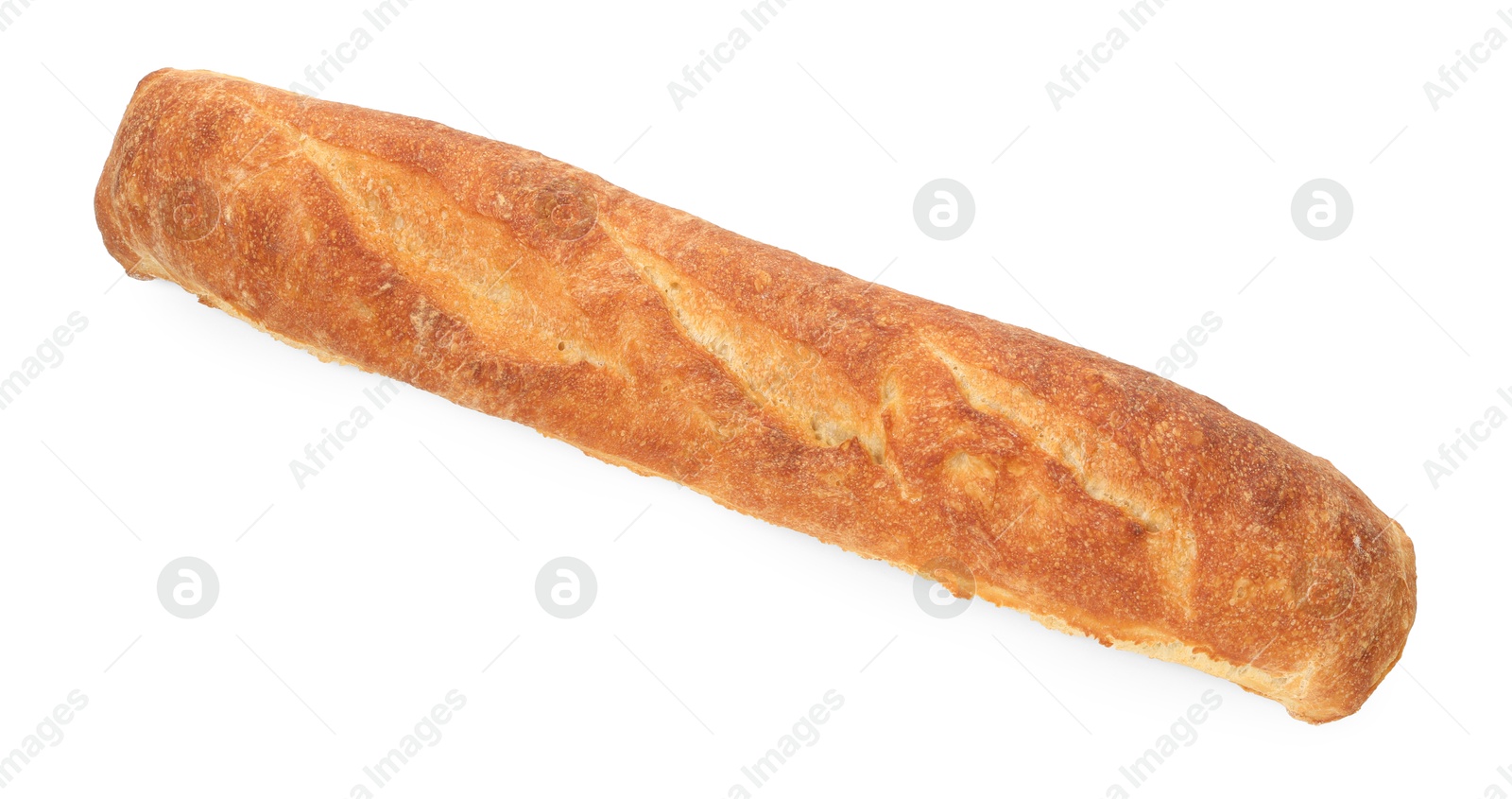 Photo of One freshly baked baguette isolated on white, top view