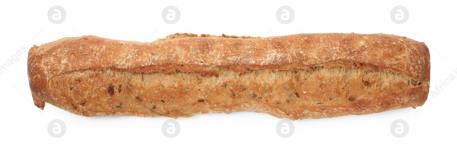 Photo of One freshly baked baguette isolated on white, top view