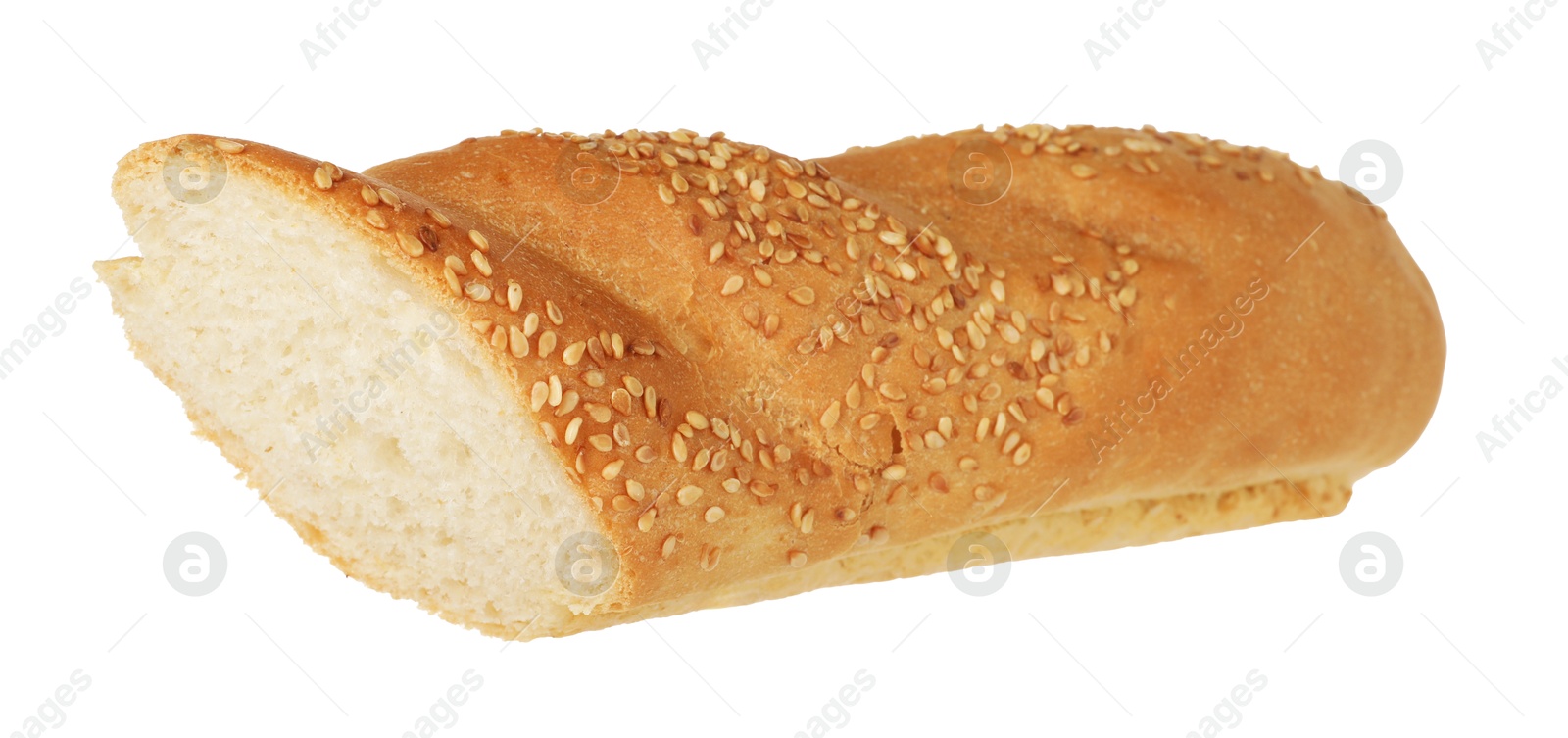 Photo of Cut fresh baguette with sesame isolated on white