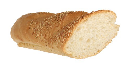 Photo of Cut fresh baguette with sesame isolated on white