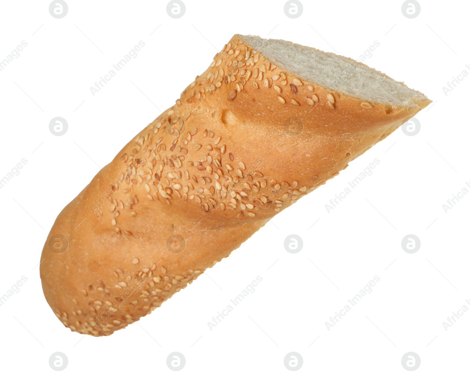 Photo of Cut fresh baguette with sesame isolated on white