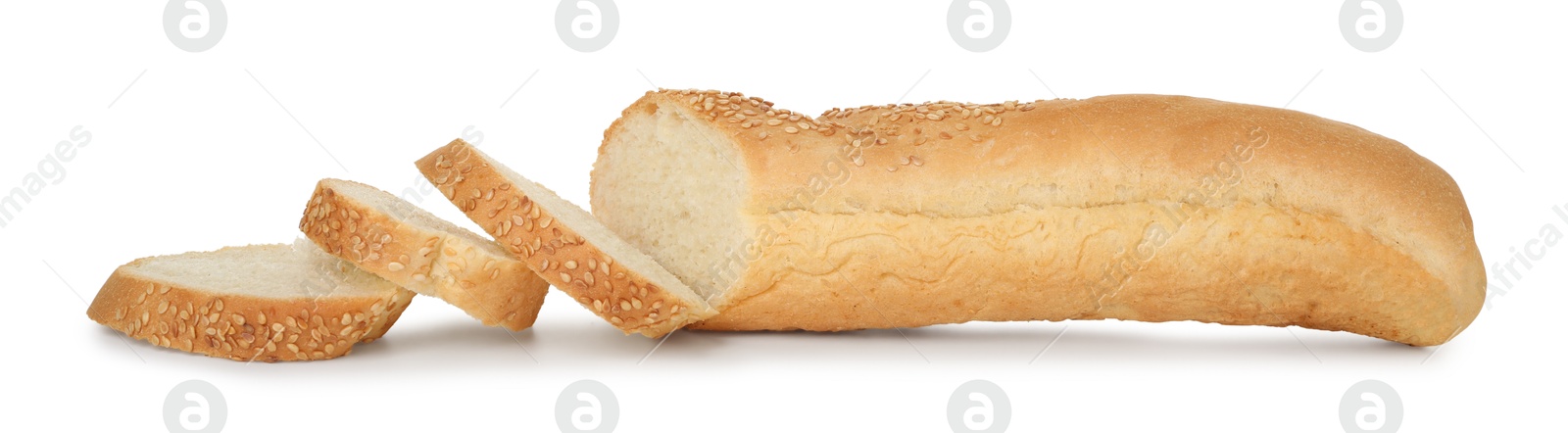 Photo of Cut fresh baguette with sesame isolated on white