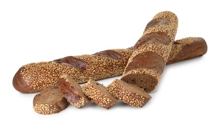 Photo of Fresh baguettes with sesame isolated on white