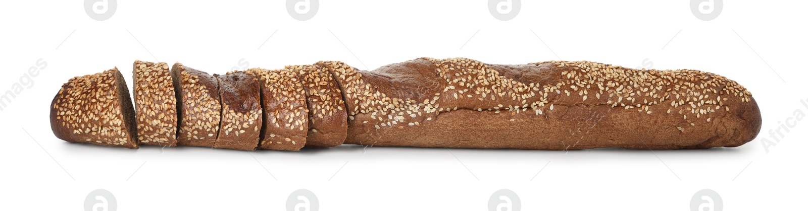 Photo of Cut fresh baguette with sesame isolated on white