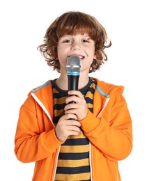 Little boy with microphone on white background