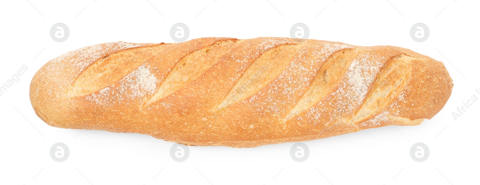 Photo of One freshly baked baguette isolated on white, top view