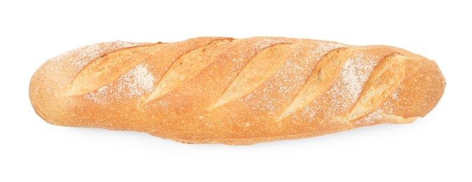 Photo of One freshly baked baguette isolated on white, top view