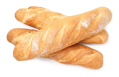 Photo of Three freshly baked baguettes isolated on white, top view