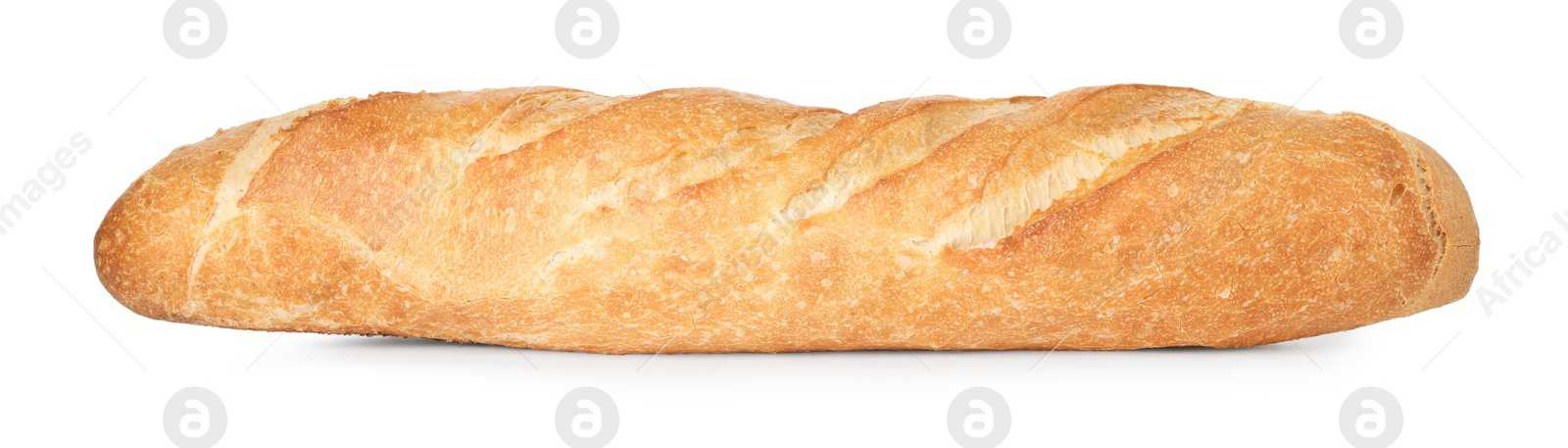 Photo of One freshly baked baguette isolated on white