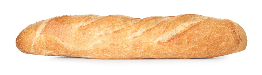 Photo of One freshly baked baguette isolated on white