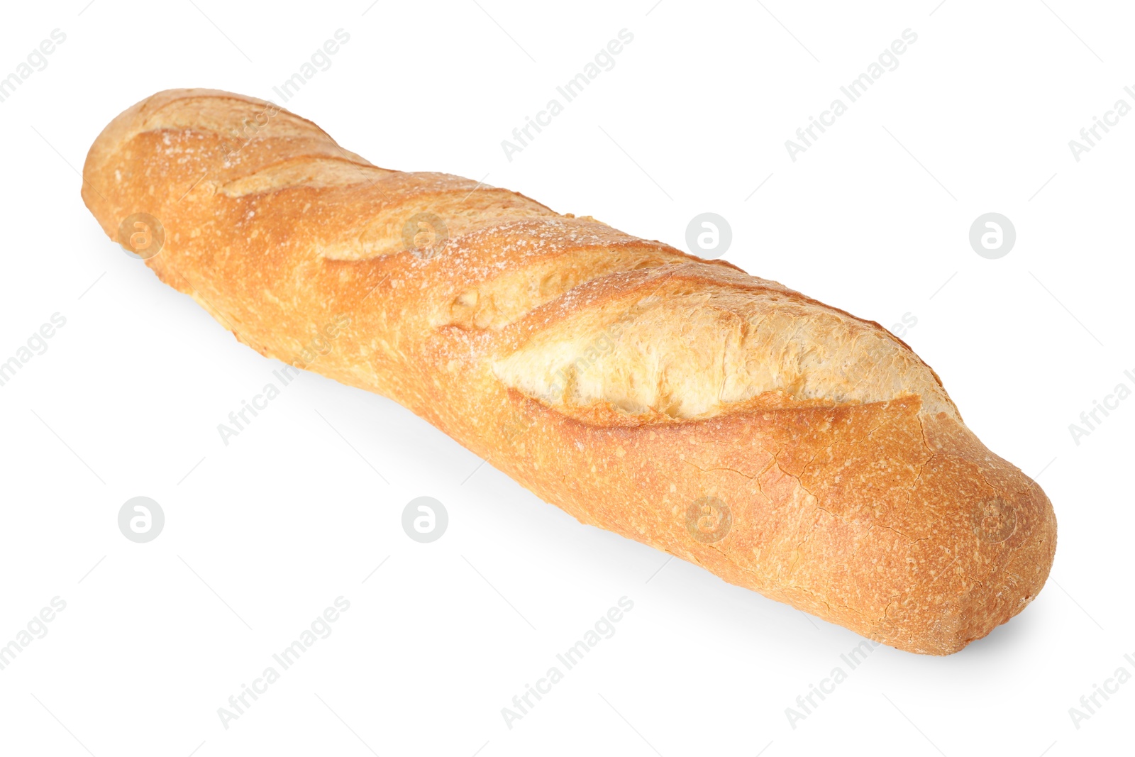 Photo of One freshly baked baguette isolated on white