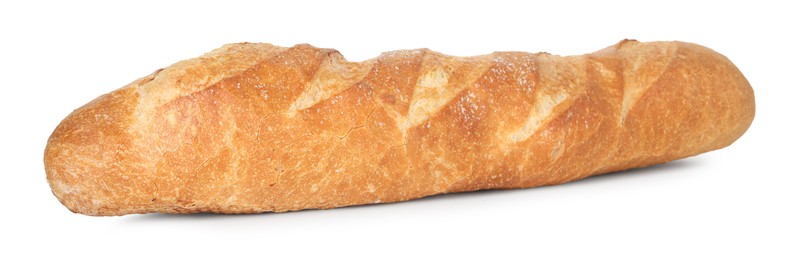 Photo of One freshly baked baguette isolated on white