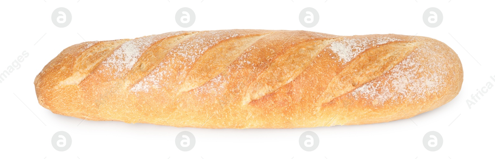 Photo of One freshly baked baguette isolated on white