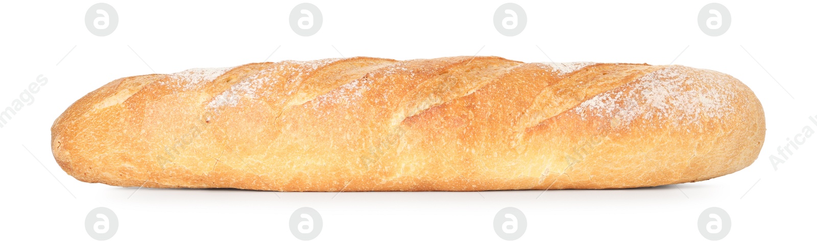 Photo of One freshly baked baguette isolated on white