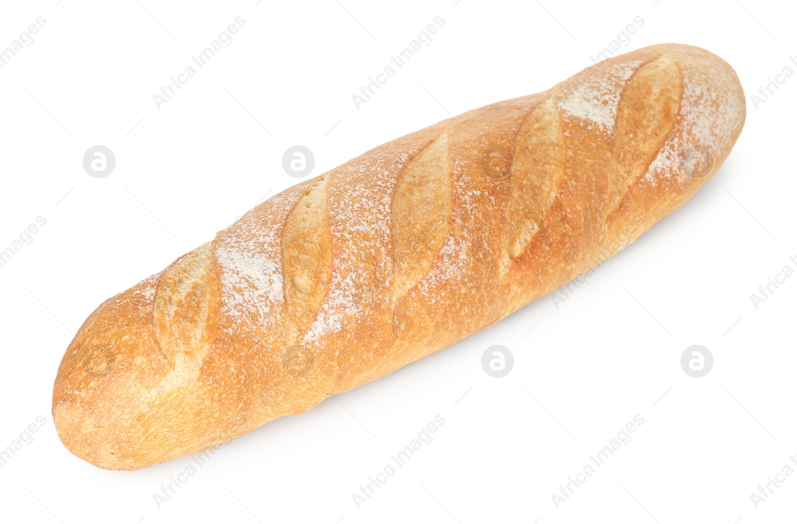 Photo of One freshly baked baguette isolated on white