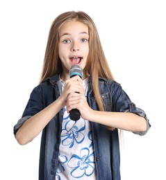 Photo of Little girl with microphone singing on white background