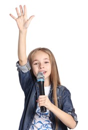 Photo of Little girl with microphone singing on white background