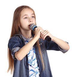 Little girl with microphone singing on white background