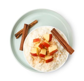 Photo of Delicious rice pudding with apples and cinnamon isolated on white, top view