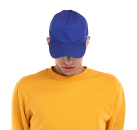 Photo of Man in stylish baseball cap on white background. Mockup for design