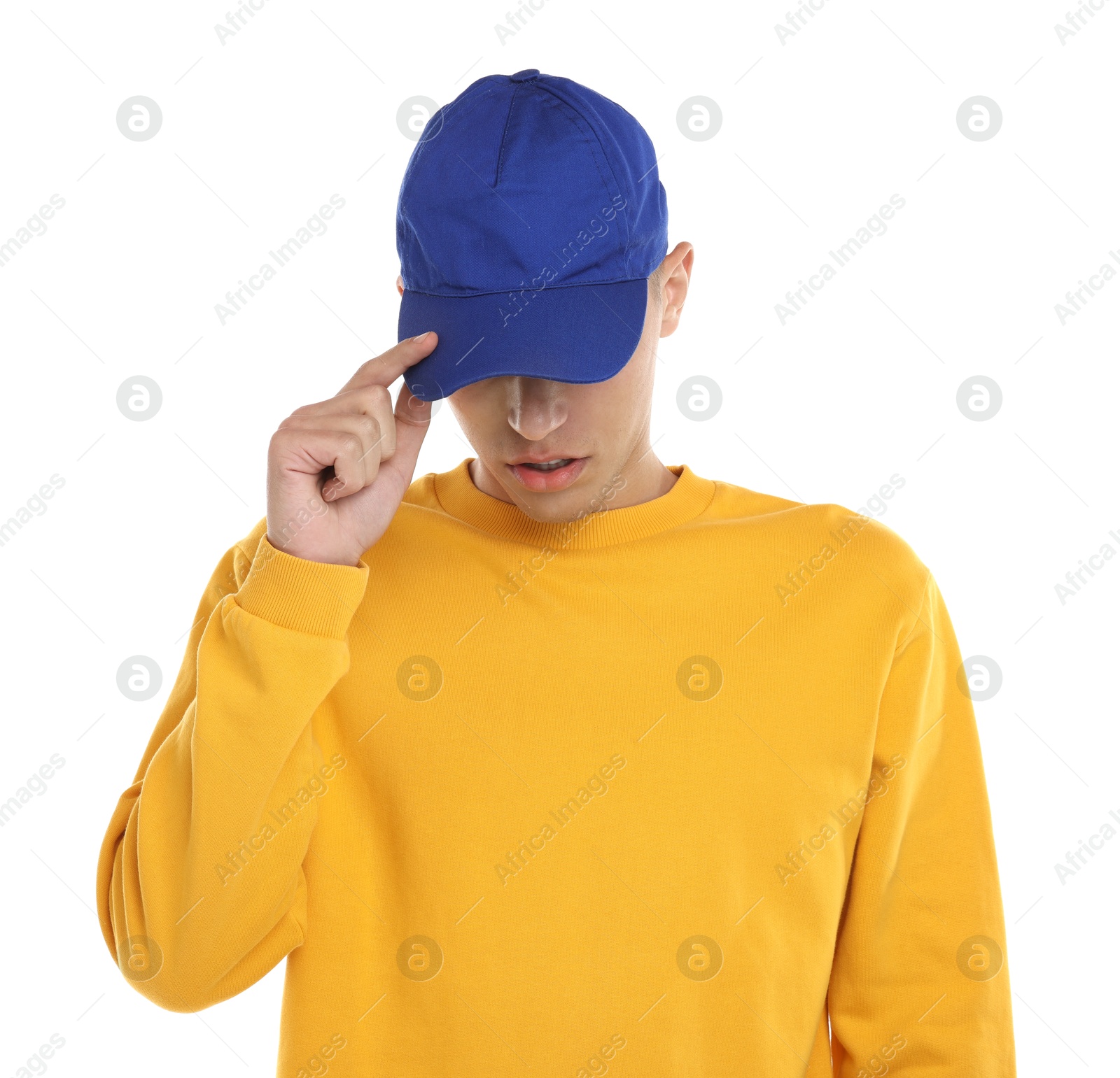 Photo of Man in stylish baseball cap on white background. Mockup for design