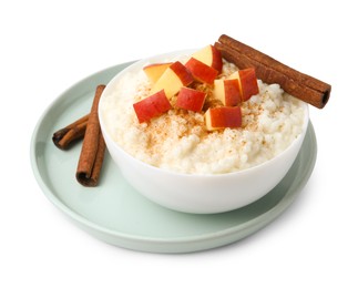 Photo of Delicious rice pudding with apples and cinnamon isolated on white