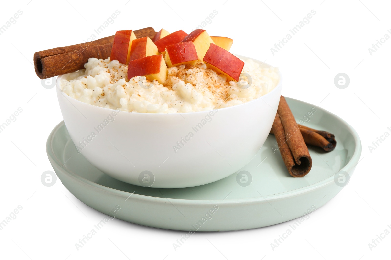 Photo of Delicious rice pudding with apples and cinnamon isolated on white