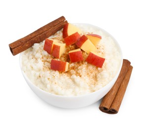 Photo of Delicious rice pudding with apples and cinnamon isolated on white