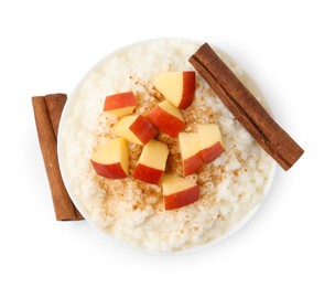 Photo of Delicious rice pudding with apples and cinnamon isolated on white, top view