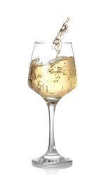 Photo of Tasty wine splashing in glass on white background