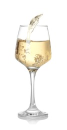 Photo of Tasty wine splashing in glass on white background