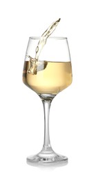 Photo of Tasty wine splashing in glass on white background