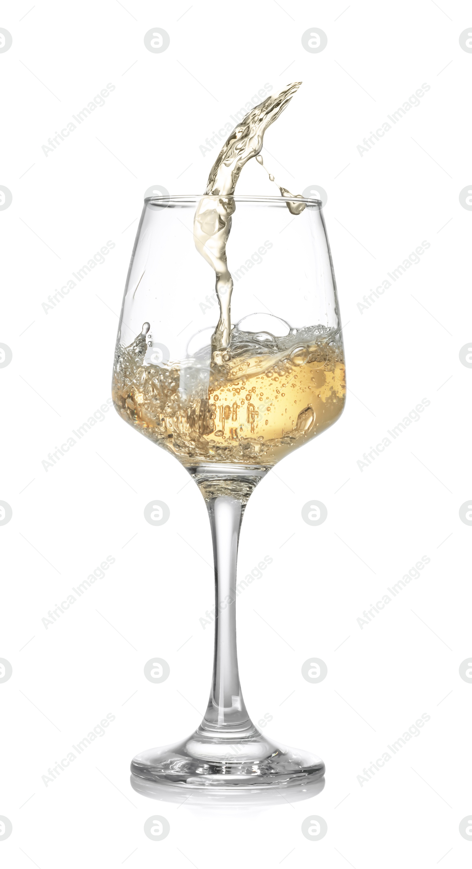 Photo of Tasty wine splashing in glass on white background