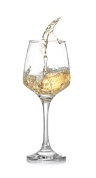 Photo of Tasty wine splashing in glass on white background