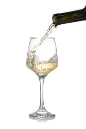 Photo of Pouring wine into glass on white background