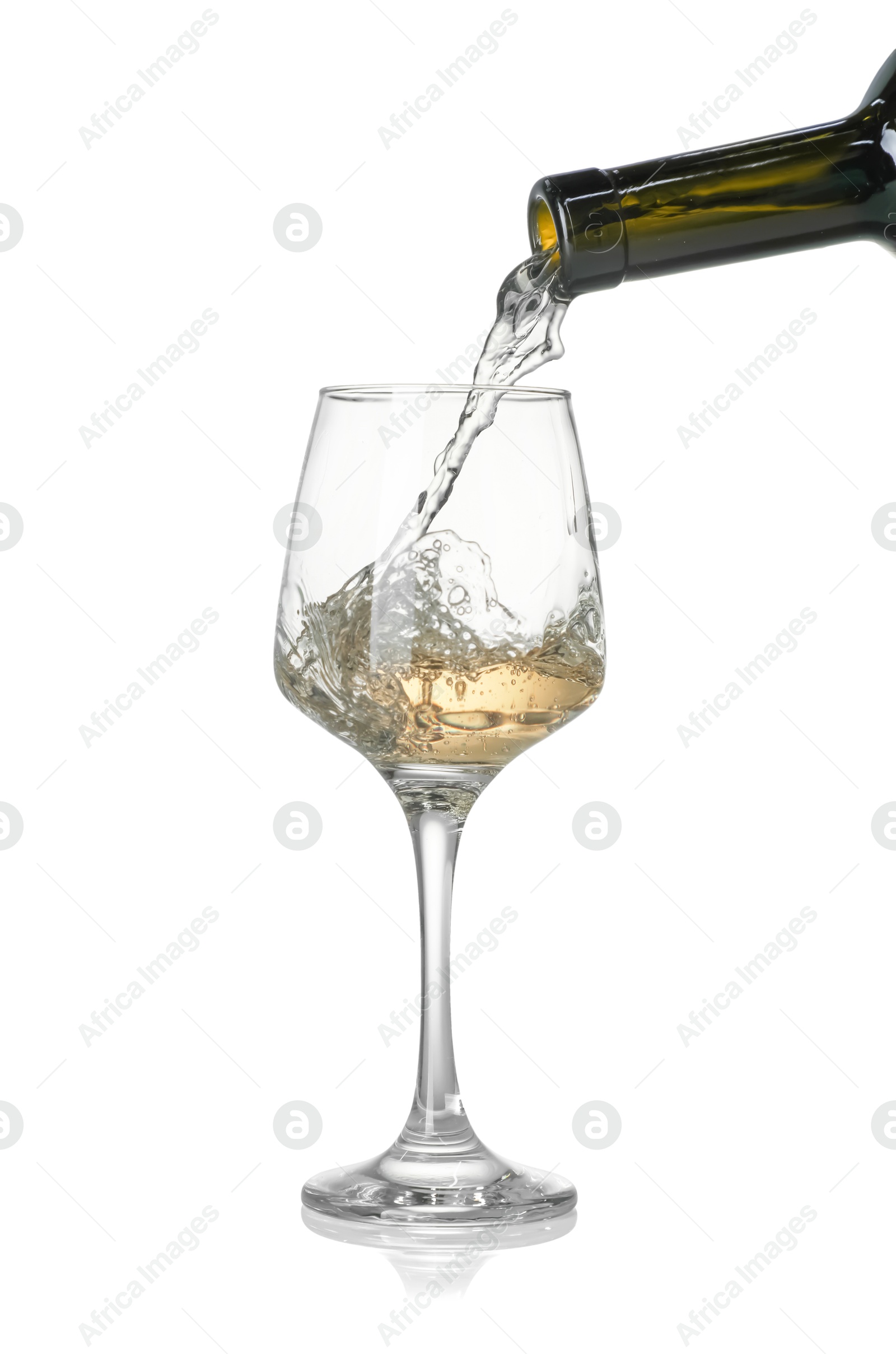 Photo of Pouring wine into glass on white background