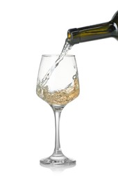 Photo of Pouring wine into glass on white background