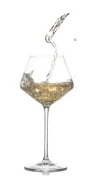 Photo of Tasty wine splashing in glass on white background