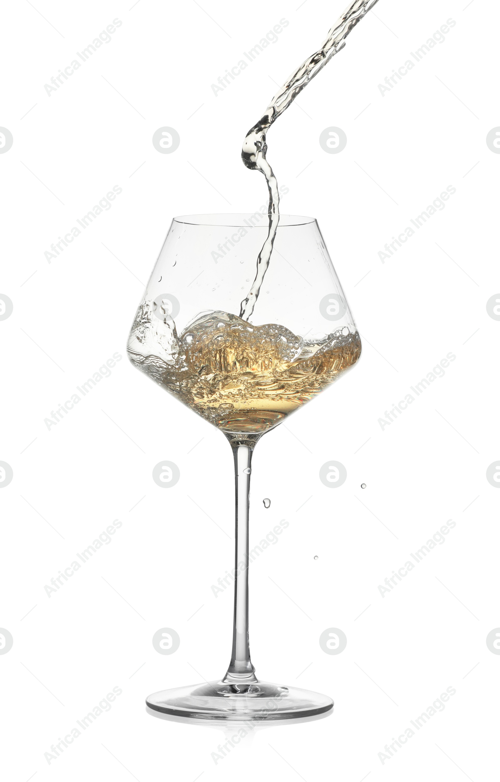 Photo of Tasty wine splashing in glass on white background