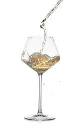 Photo of Tasty wine splashing in glass on white background