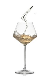 Photo of Tasty wine splashing in glass on white background