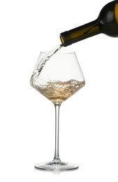 Photo of Pouring wine into glass on white background