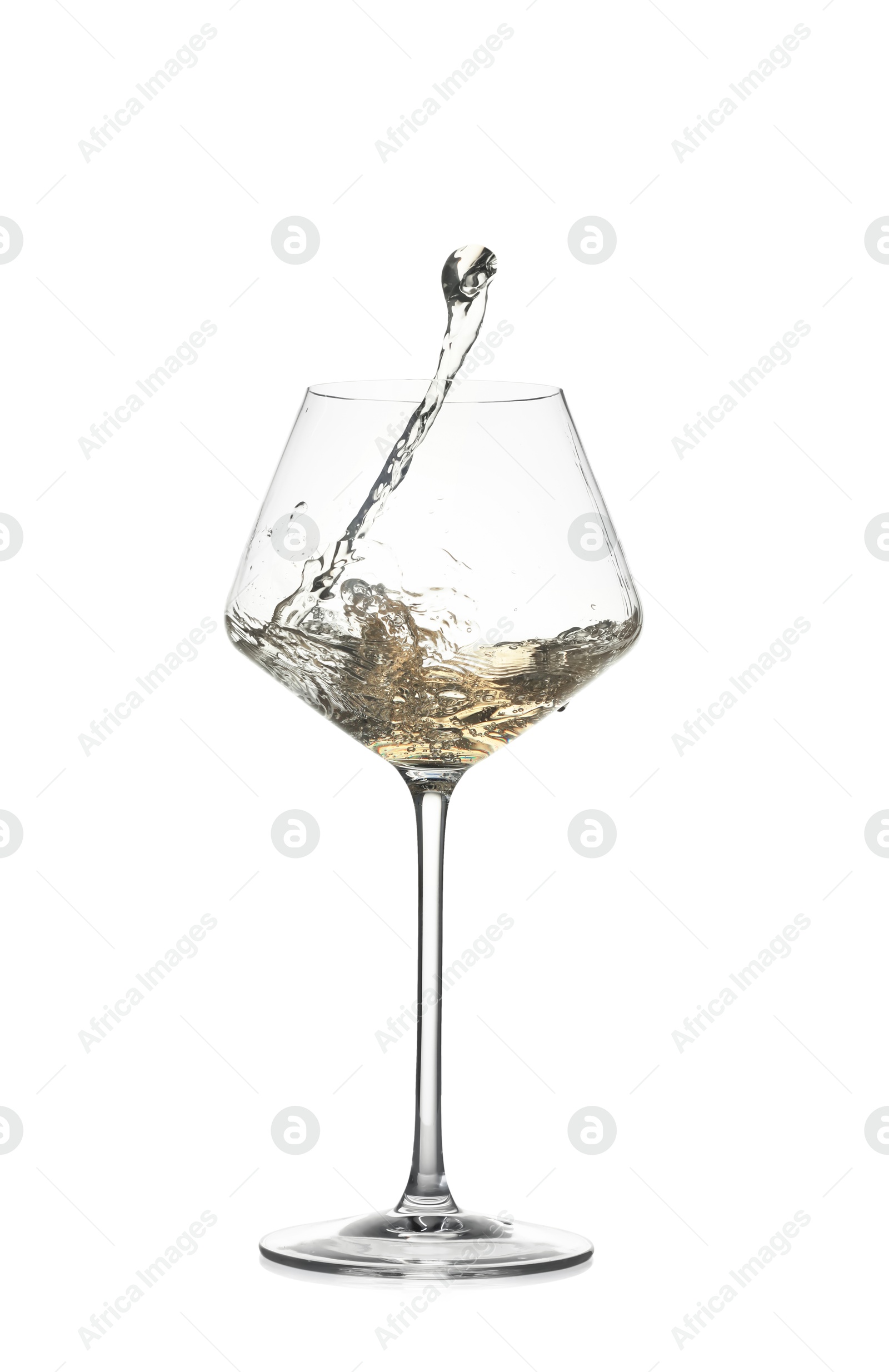 Photo of Tasty wine splashing in glass on white background