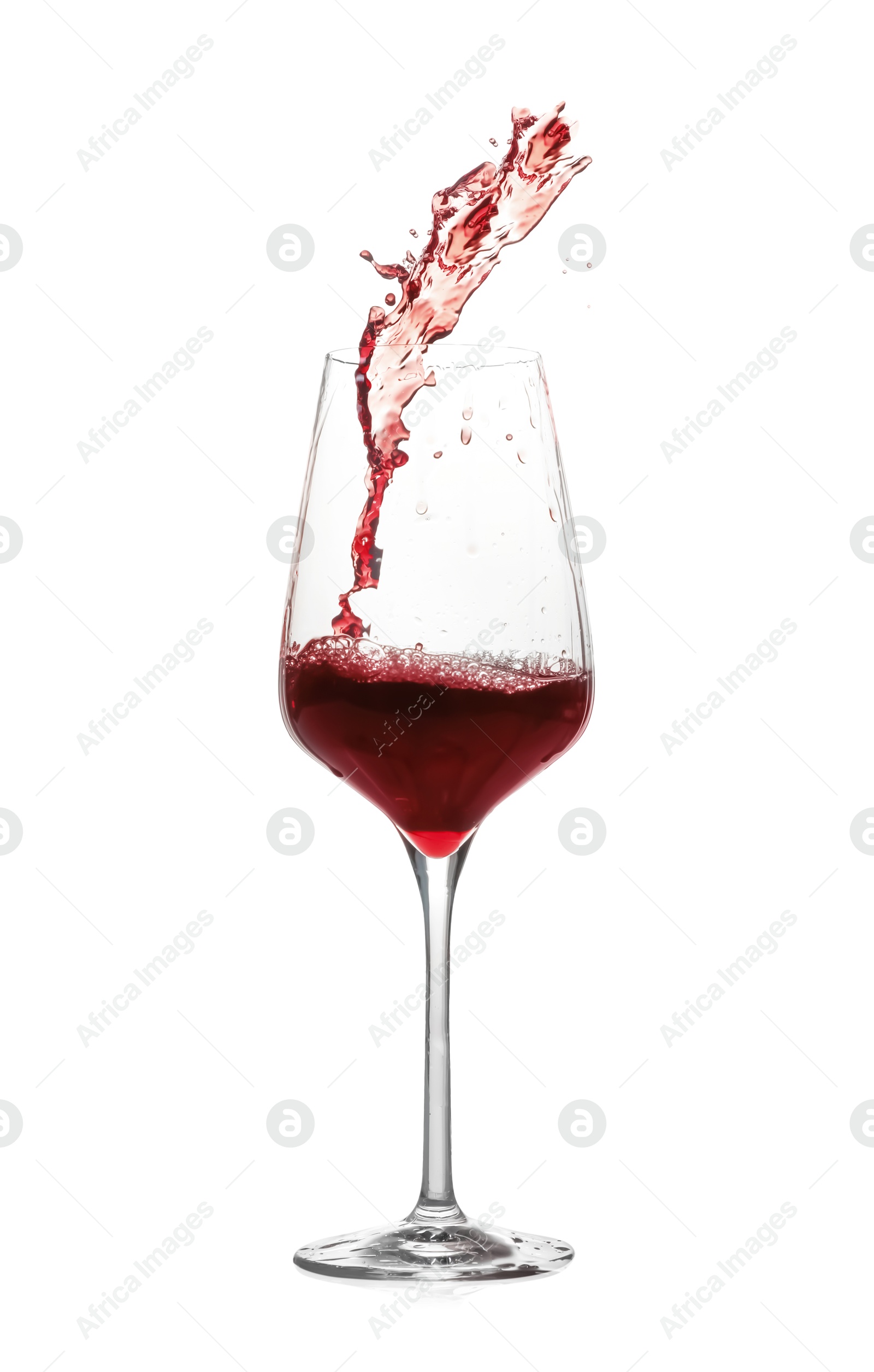 Photo of Tasty wine splashing in glass on white background