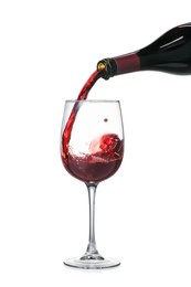 Photo of Pouring wine into glass on white background